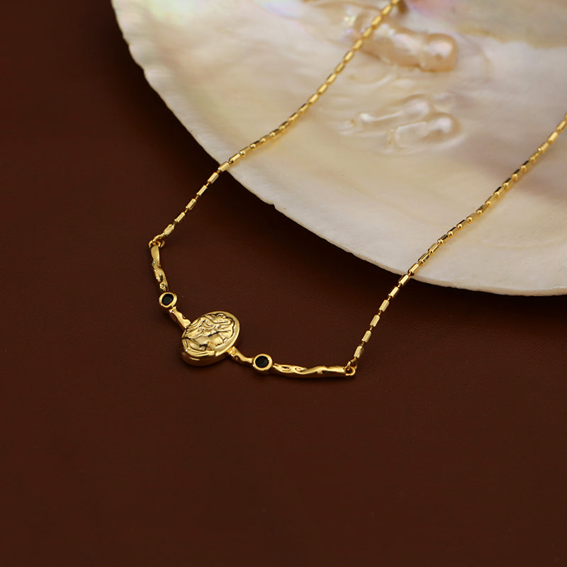 Vintage Portrait Embossed Black Zircon Necklace