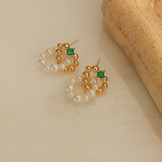 Vintage Zircon Glass Colorblock Beaded Pearl Earrings