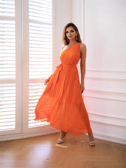Elegant Collarless One Shoulder Party Dress Chiffon Pleated Waist Dress