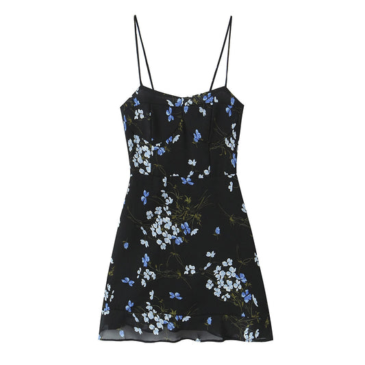 Spring Women Floral Print Slim Fit Short Ruffled Spaghetti Straps Dress
