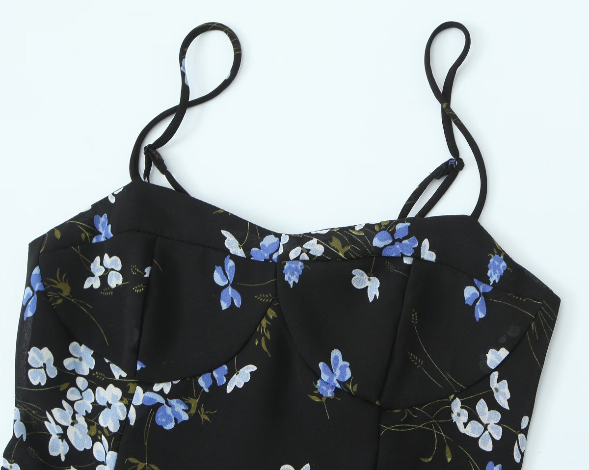 Spring Women Floral Print Slim Fit Short Ruffled Spaghetti Straps Dress
