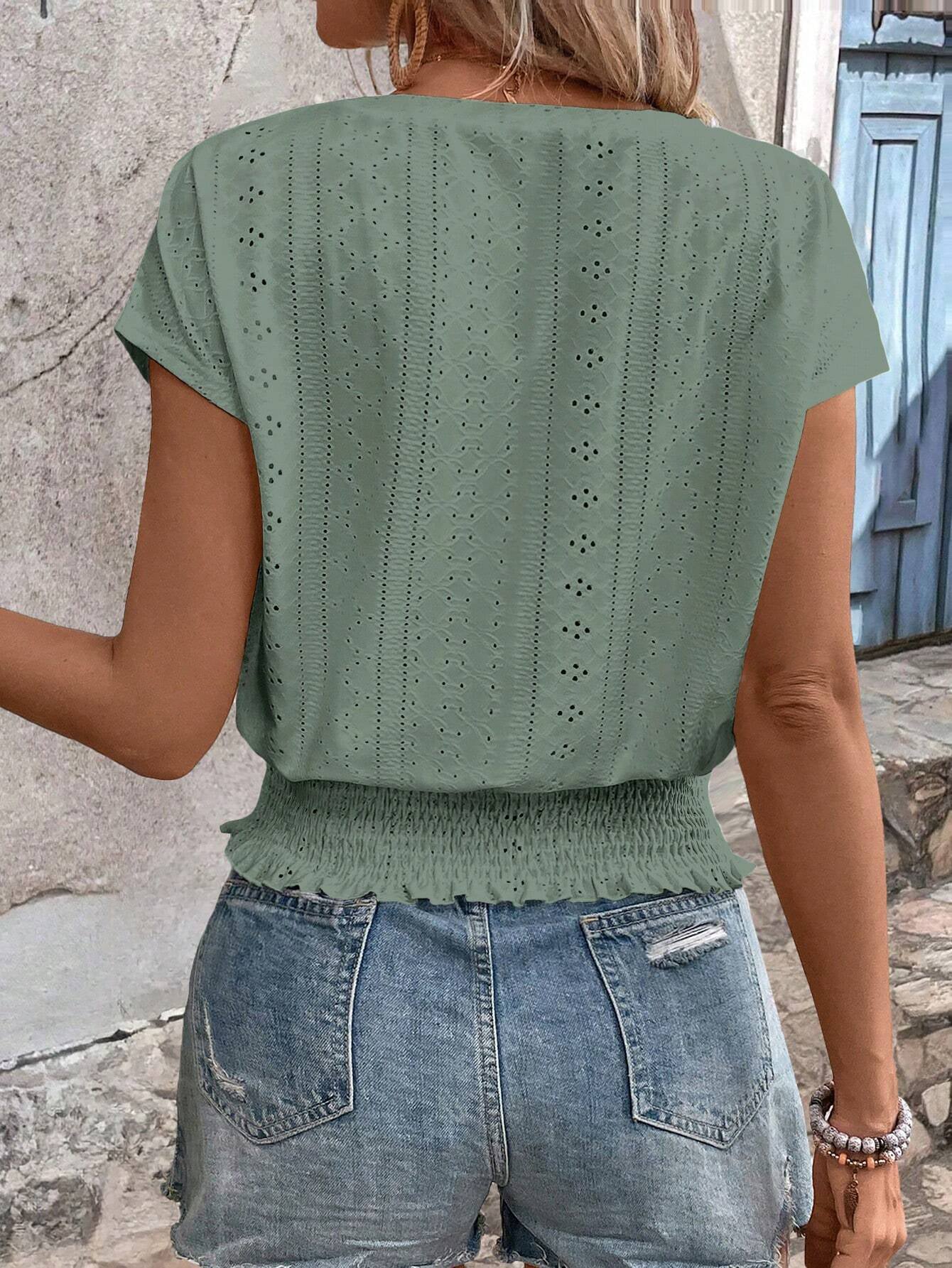 Spring Summer Arrival round Neck Jacquard Hollow Out Cutout Short Sleeve T shirt Sweet Women Casual Top