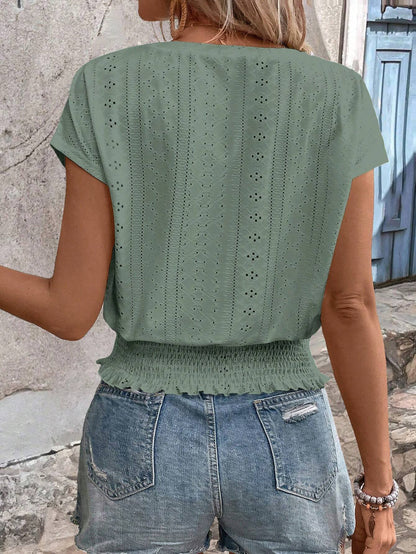 Spring Summer Arrival round Neck Jacquard Hollow Out Cutout Short Sleeve T shirt Sweet Women Casual Top
