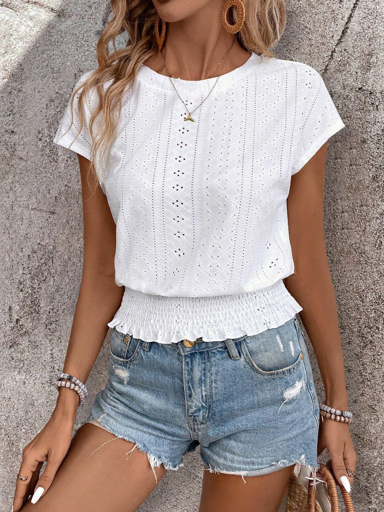 Spring Summer Arrival round Neck Jacquard Hollow Out Cutout Short Sleeve T shirt Sweet Women Casual Top