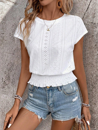 Spring Summer Arrival round Neck Jacquard Hollow Out Cutout Short Sleeve T shirt Sweet Women Casual Top