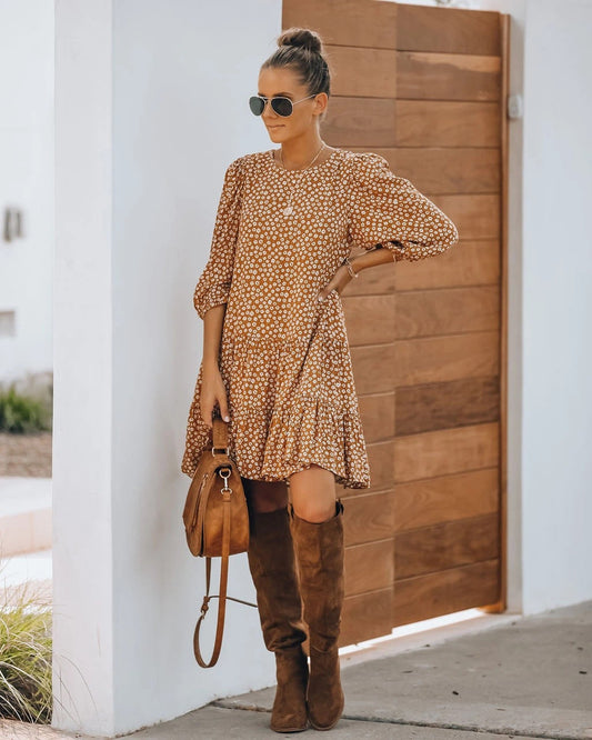Autumn Winter Floral Long Sleeved Princess Sleeves Dress Home Loose Dress