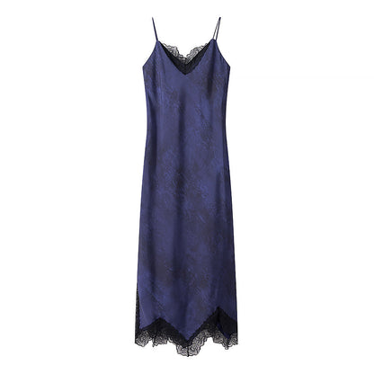 Women Clothing Early Spring French Slim V neck Lace Stitching Underwear Strap Dress