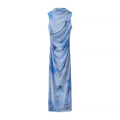 Women Clothing Early Spring Sexy Mesh Floral Print Sleeveless Pleated Slim Fit Dress