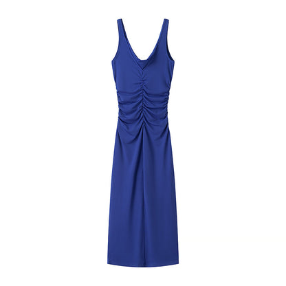 Spring Summer Women Clothing Fashionable Elegant Sexy Pleated Decorative Sleeveless Midi Dress