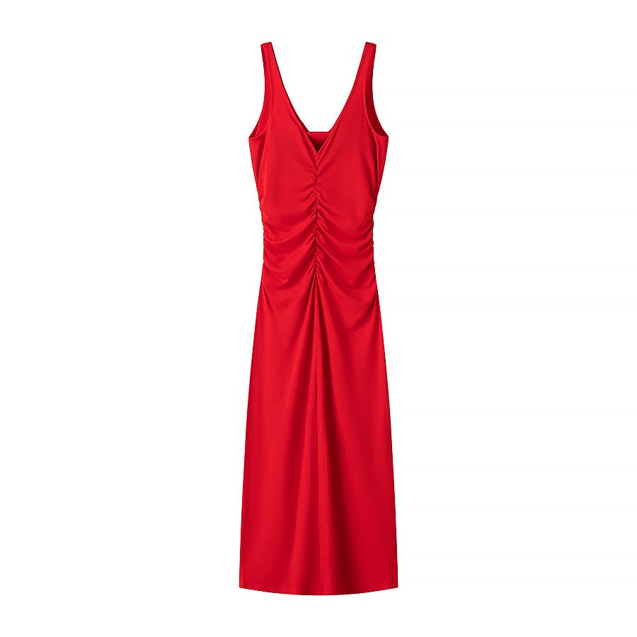 Spring Summer Women Clothing Fashionable Elegant Sexy Pleated Decorative Sleeveless Midi Dress