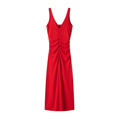 Spring Summer Women Clothing Fashionable Elegant Sexy Pleated Decorative Sleeveless Midi Dress