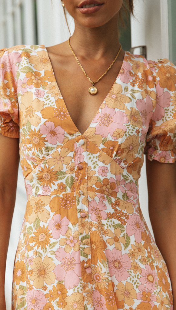 Spring Summer Women V neck Puff Sleeve Slim Mid Length Slimming Printed Dress