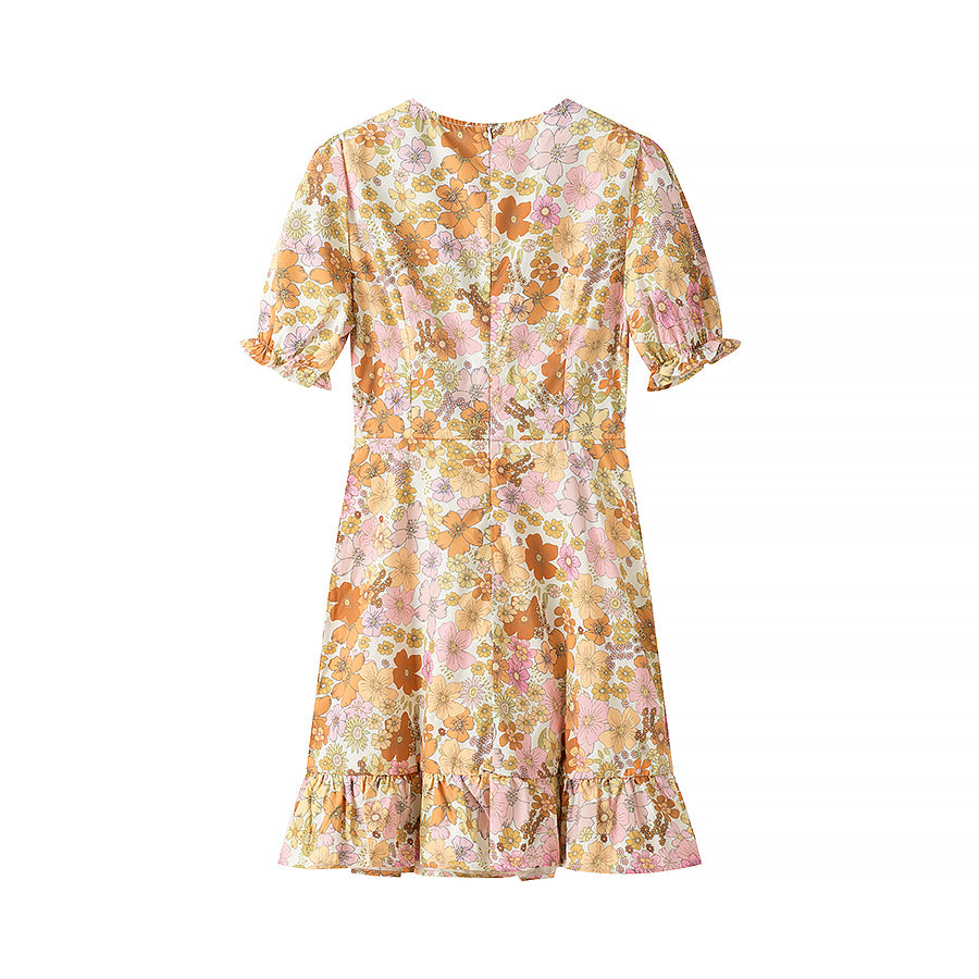 Spring Summer Women V neck Puff Sleeve Slim Mid Length Slimming Printed Dress