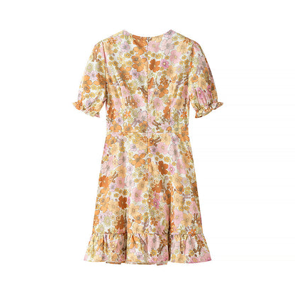 Spring Summer Women V neck Puff Sleeve Slim Mid Length Slimming Printed Dress
