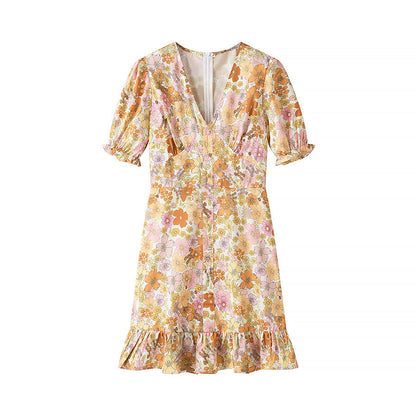 Spring Summer Women V neck Puff Sleeve Slim Mid Length Slimming Printed Dress