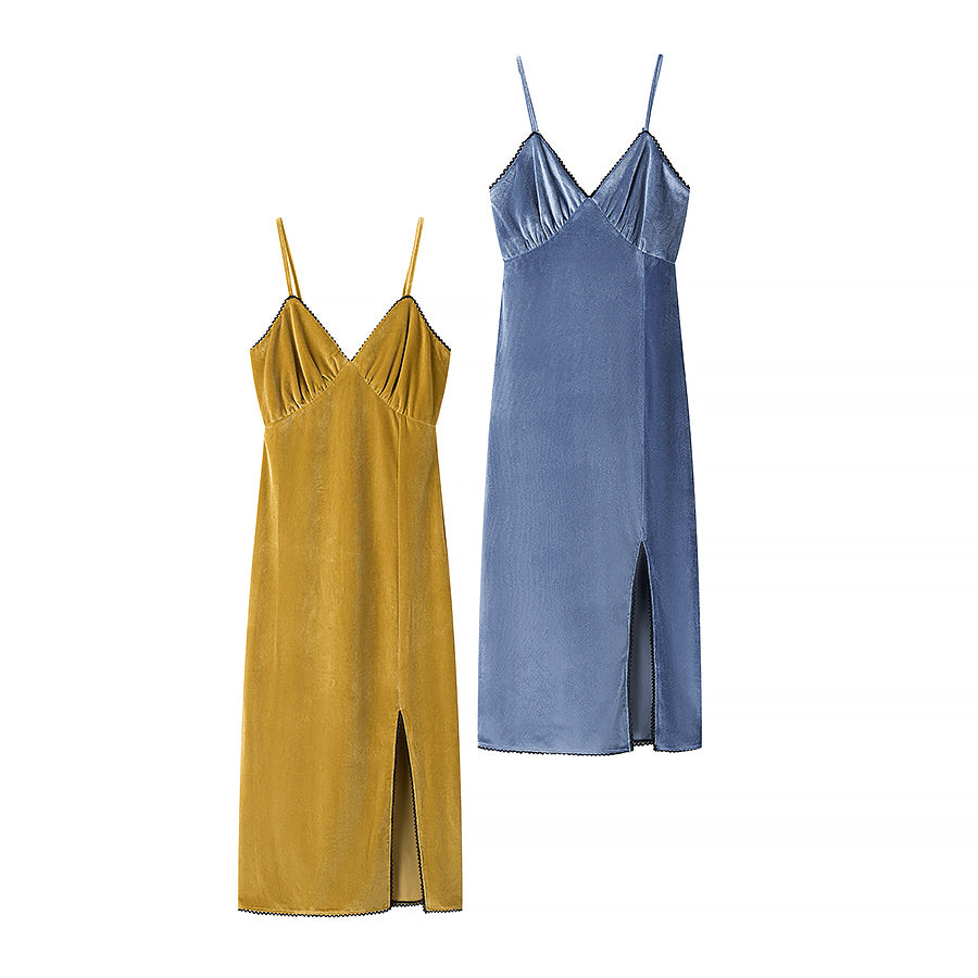 Spring Summer Women Clothing Fashionable Elegant Sexy Slim Fit Slimming Velvet Spaghetti Straps Dress