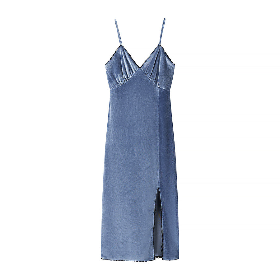 Spring Summer Women Clothing Fashionable Elegant Sexy Slim Fit Slimming Velvet Spaghetti Straps Dress