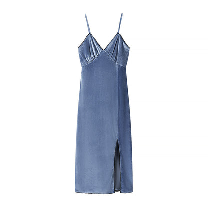 Spring Summer Women Clothing Fashionable Elegant Sexy Slim Fit Slimming Velvet Spaghetti Straps Dress