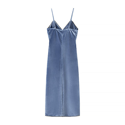 Spring Summer Women Clothing Fashionable Elegant Sexy Slim Fit Slimming Velvet Spaghetti Straps Dress
