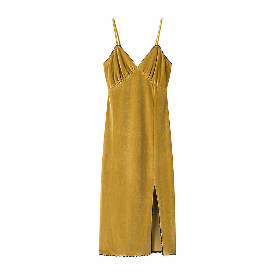 Spring Summer Women Clothing Fashionable Elegant Sexy Slim Fit Slimming Velvet Spaghetti Straps Dress