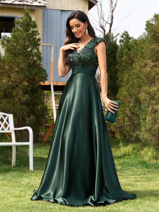 Sequined V neck Evening Dress for Women Cocktail Elegant Satin A line Dress Party Dress Women