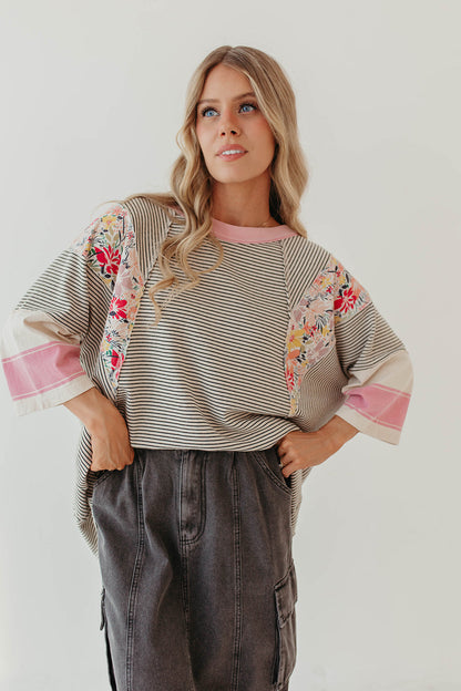 Autumn Women Clothing Color Matching Printed Top Casual Loose 3/4 Sleeve Sweater Women