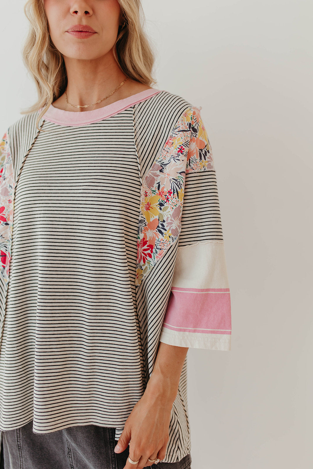 Autumn Women Clothing Color Matching Printed Top Casual Loose 3/4 Sleeve Sweater Women