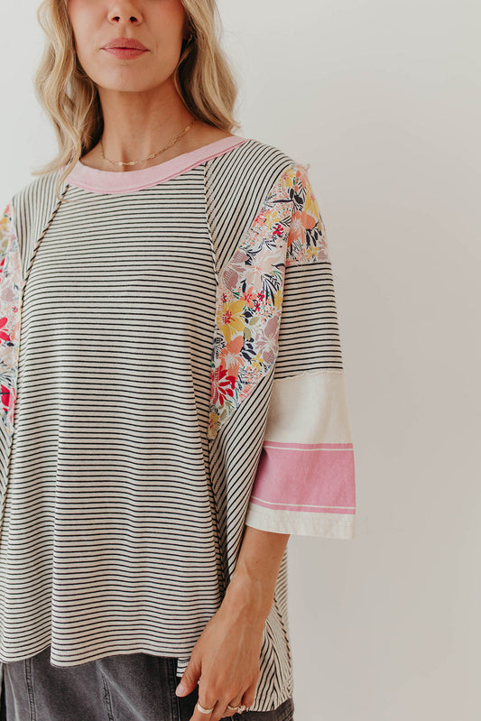 Autumn Women Clothing Color Matching Printed Top Casual Loose 3/4 Sleeve Sweater Women