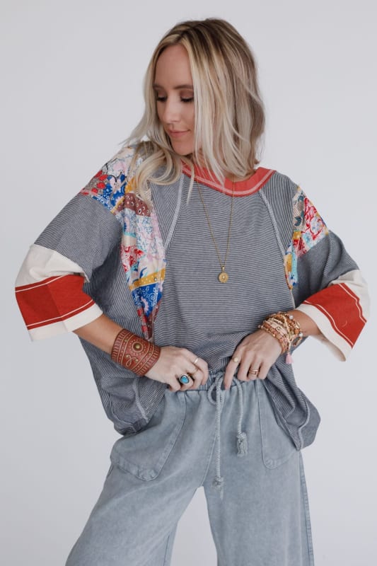 Autumn Women Clothing Color Matching Printed Top Casual Loose 3/4 Sleeve Sweater Women