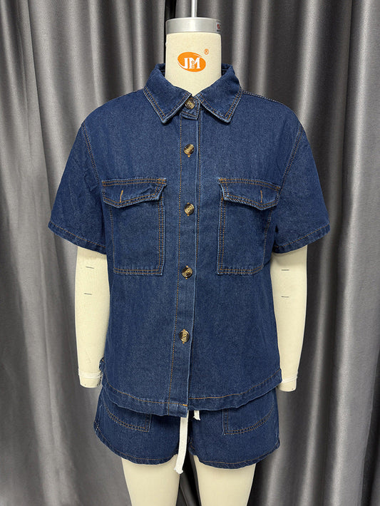 Retro Casual Loose Pockets Short Sleeved Shirt Shorts Denim Two Piece Sets