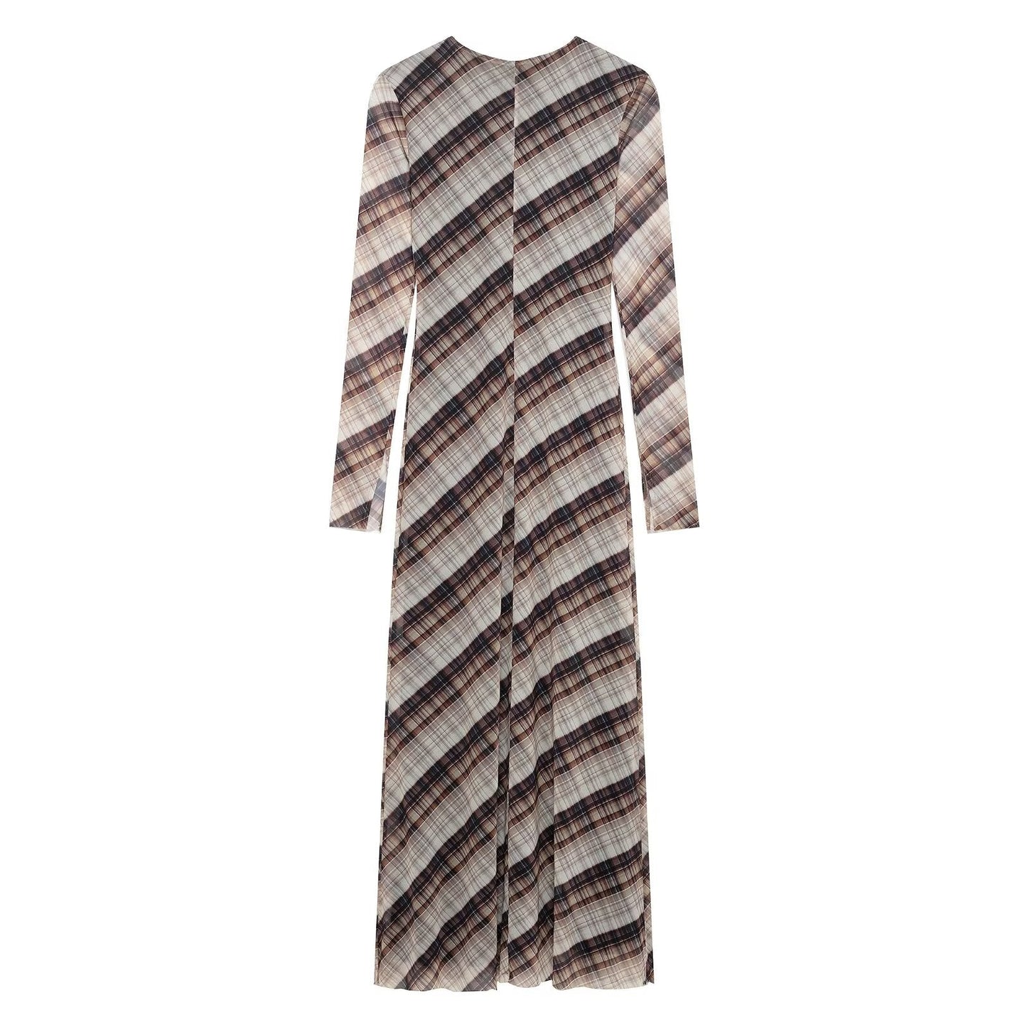 Women Clothing round Neck Loose Casual Plaid Silk Net Long Sleeve Dress