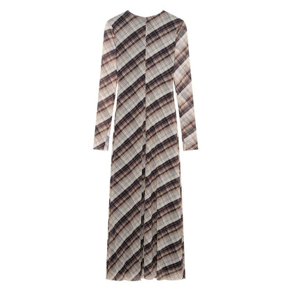 Women Clothing round Neck Loose Casual Plaid Silk Net Long Sleeve Dress
