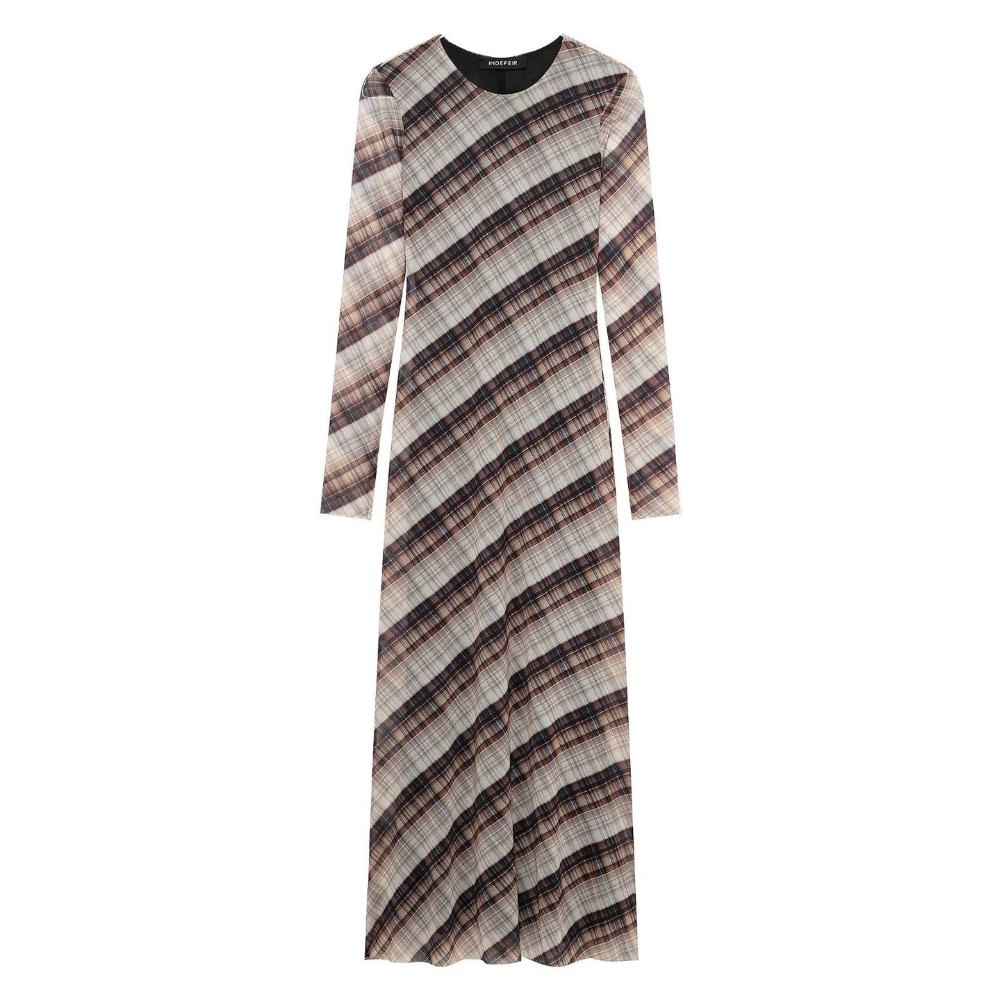 Women Clothing round Neck Loose Casual Plaid Silk Net Long Sleeve Dress