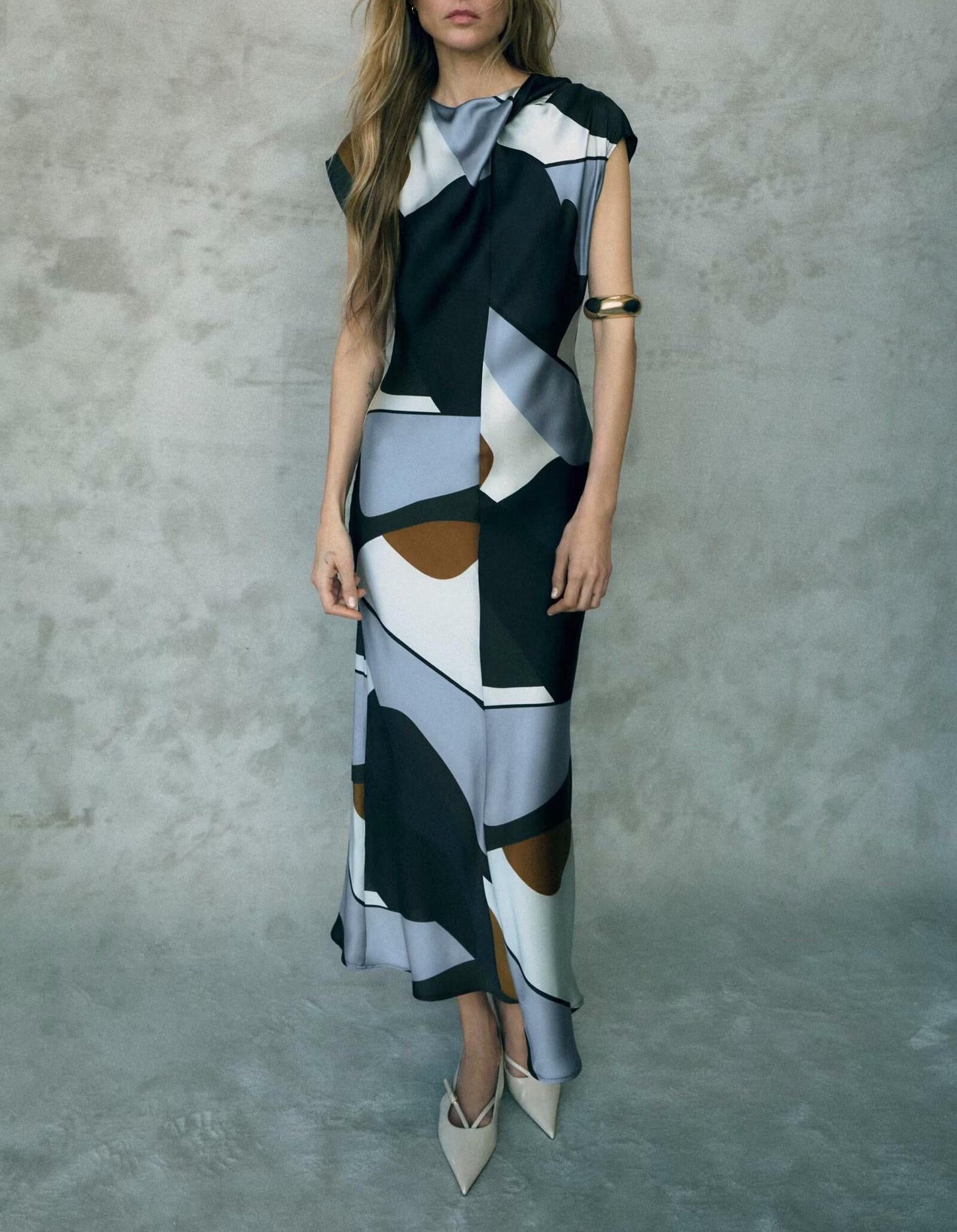 Spring Women Clothing Slim Silk Satin Texture Printing Dress