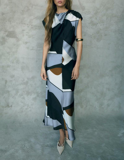 Spring Women Clothing Slim Silk Satin Texture Printing Dress