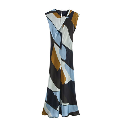 Spring Women Clothing Slim Silk Satin Texture Printing Dress
