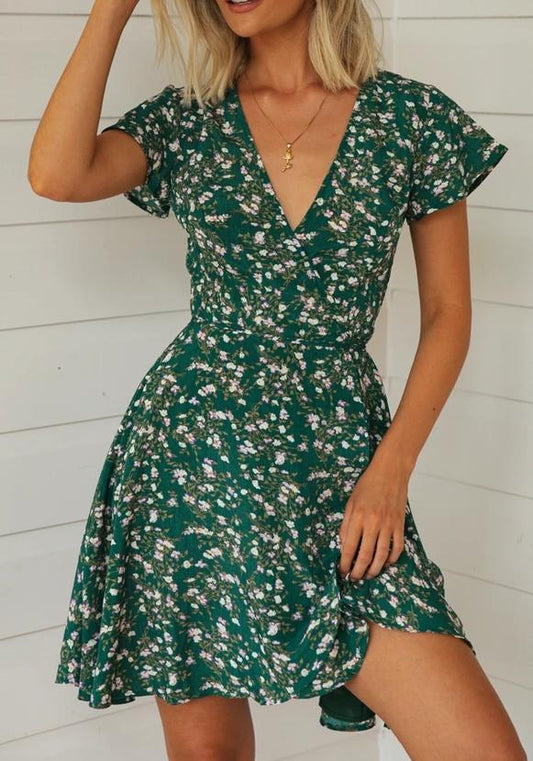 Spring Women Clothing Simple Short V neck Printed Lace up Dress