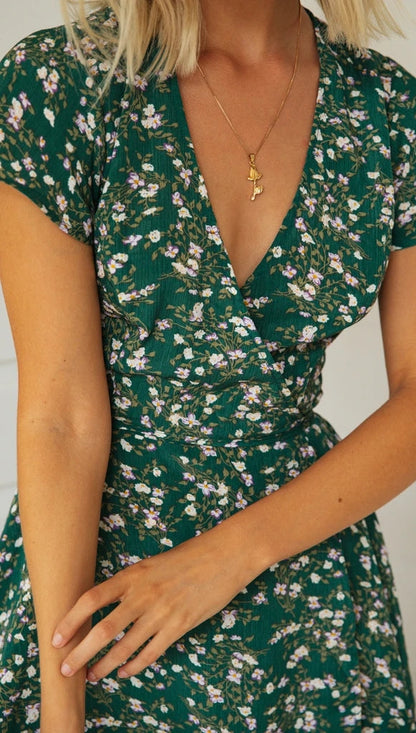 Spring Women Clothing Simple Short V neck Printed Lace up Dress