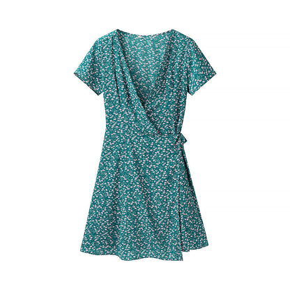 Spring Women Clothing Simple Short V neck Printed Lace up Dress
