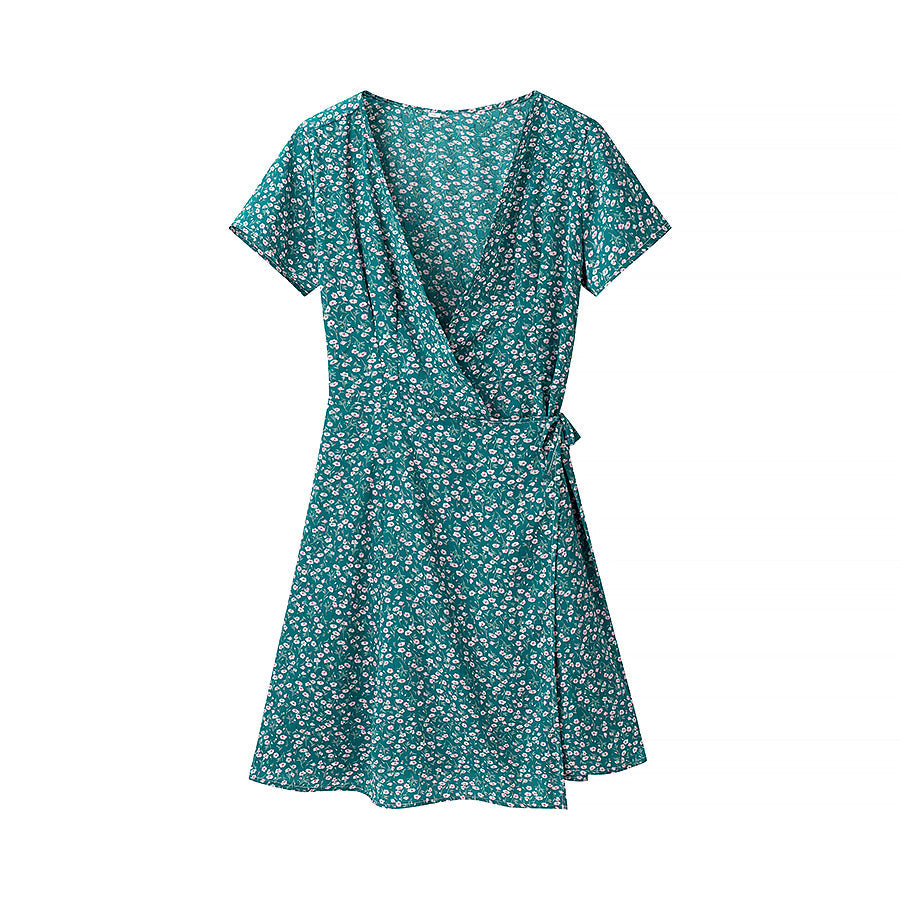 Spring Women Clothing Simple Short V neck Printed Lace up Dress