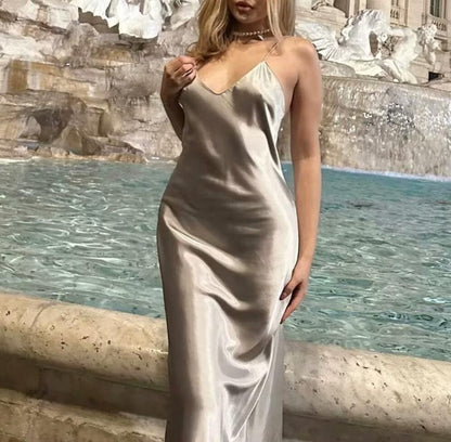 Spring Silk Satin Texture Solid Color Sling Midi Dress