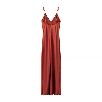Spring Silk Satin Texture Solid Color Sling Midi Dress
