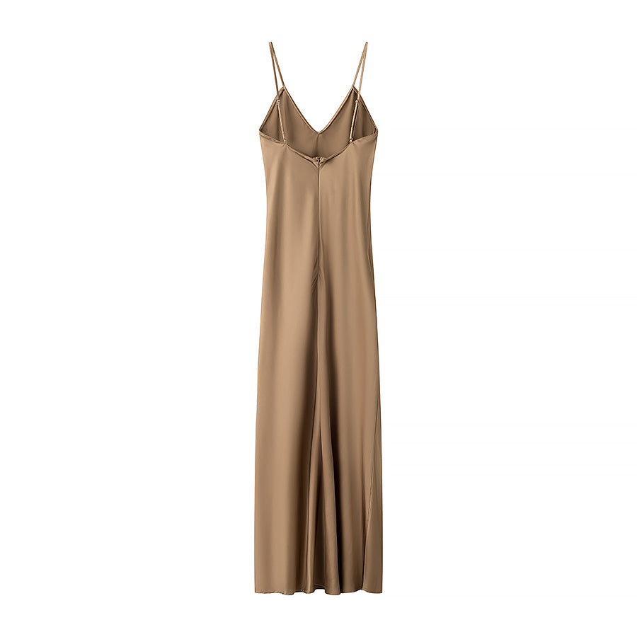 Spring Silk Satin Texture Solid Color Sling Midi Dress