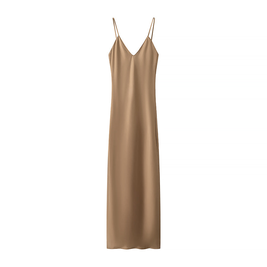 Spring Silk Satin Texture Solid Color Sling Midi Dress