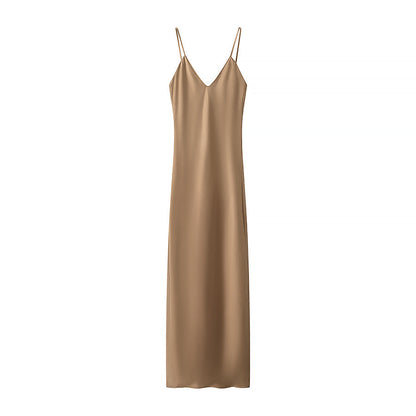 Spring Silk Satin Texture Solid Color Sling Midi Dress