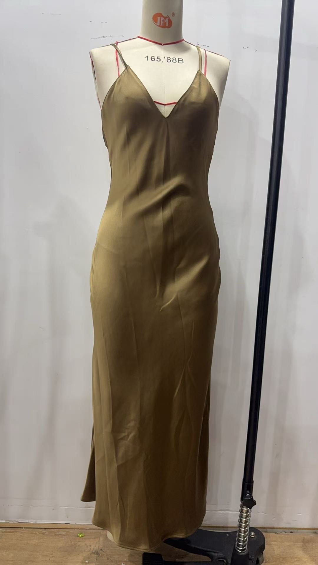 Spring Silk Satin Texture Solid Color Sling Midi Dress