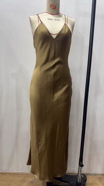 Spring Silk Satin Texture Solid Color Sling Midi Dress