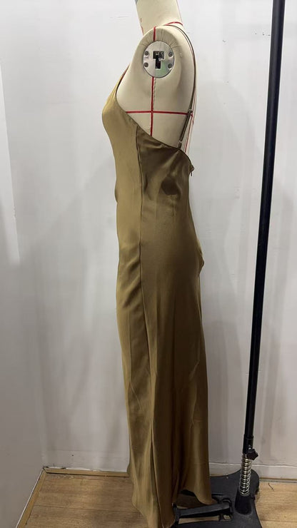 Spring Silk Satin Texture Solid Color Sling Midi Dress