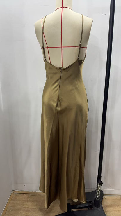 Spring Silk Satin Texture Solid Color Sling Midi Dress