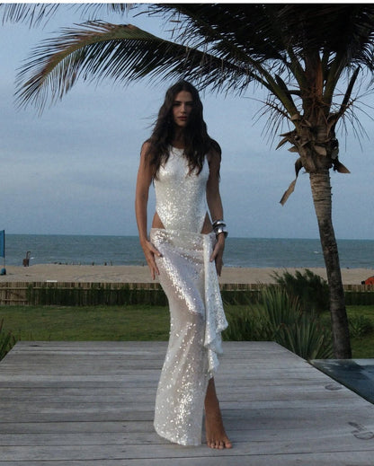 Spring Summer Sequin Sleeveless Split Cropped Outfit Two Way Short Dress